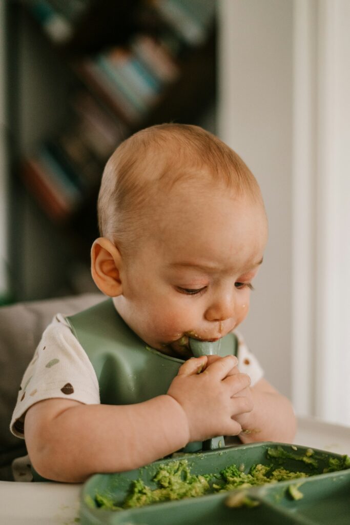 Baby isst gegarten Brokkoli als Fingerfood – Übergang im Beikostplan